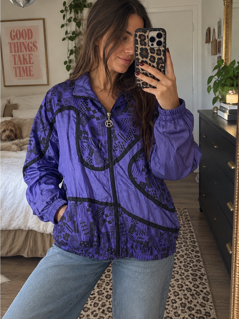 Vintage RAFAEL Purple and Black Patterned Bomber Jacket